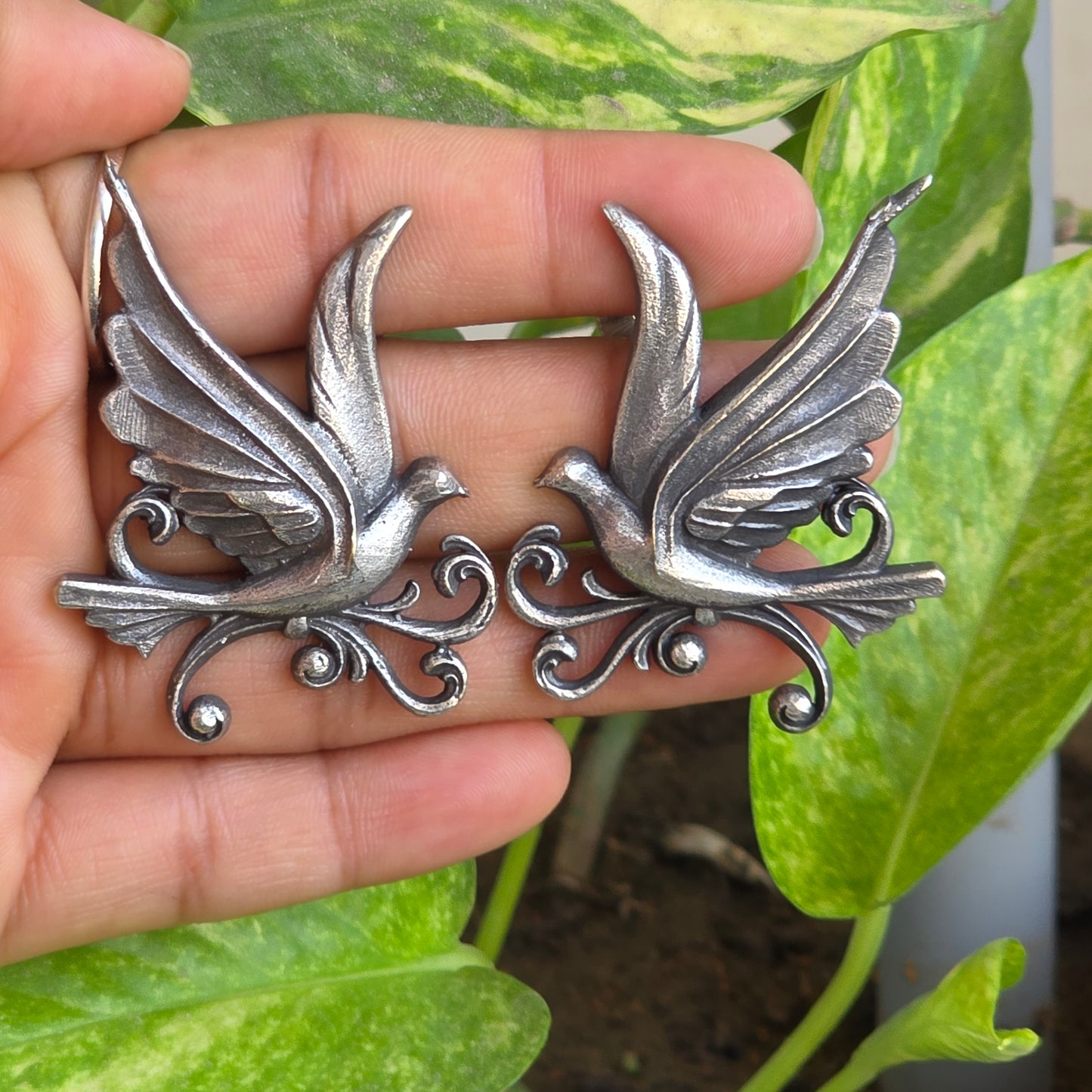 Naari Jewels Oxidized German Silver Flying Bird Earrings | Vintage Nature Design for Women