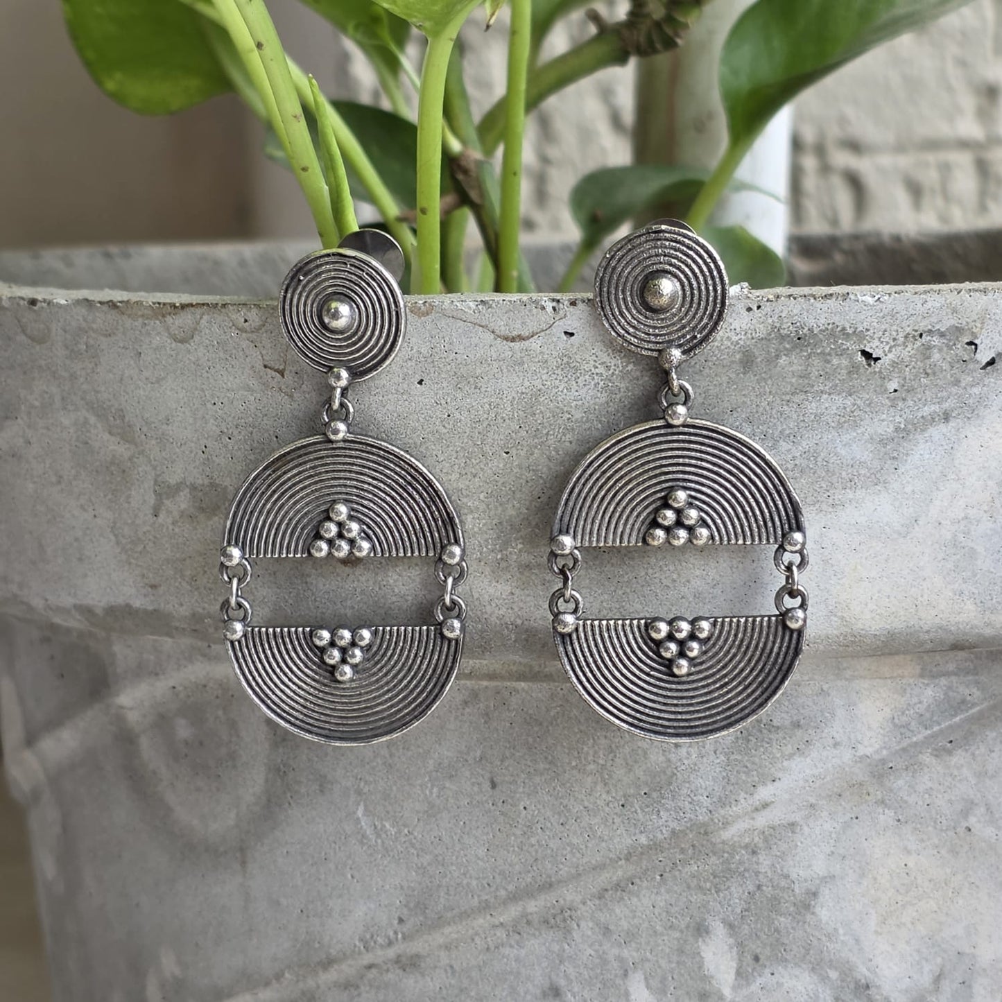 Naari Jewels Oxidized Germen Silver Geometric Drop Brass Earrings for Women | Circular Tribal Statement Dangle Earrings | Ethnic Boho Jewelry