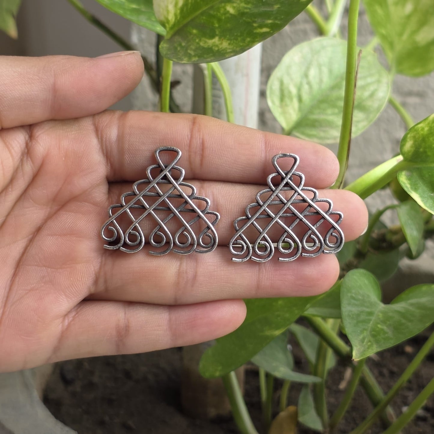 Naari Jewels Oxidized German Silver Geometric Filigree Stud Earrings | Ethnic Statement Jewelry for Women