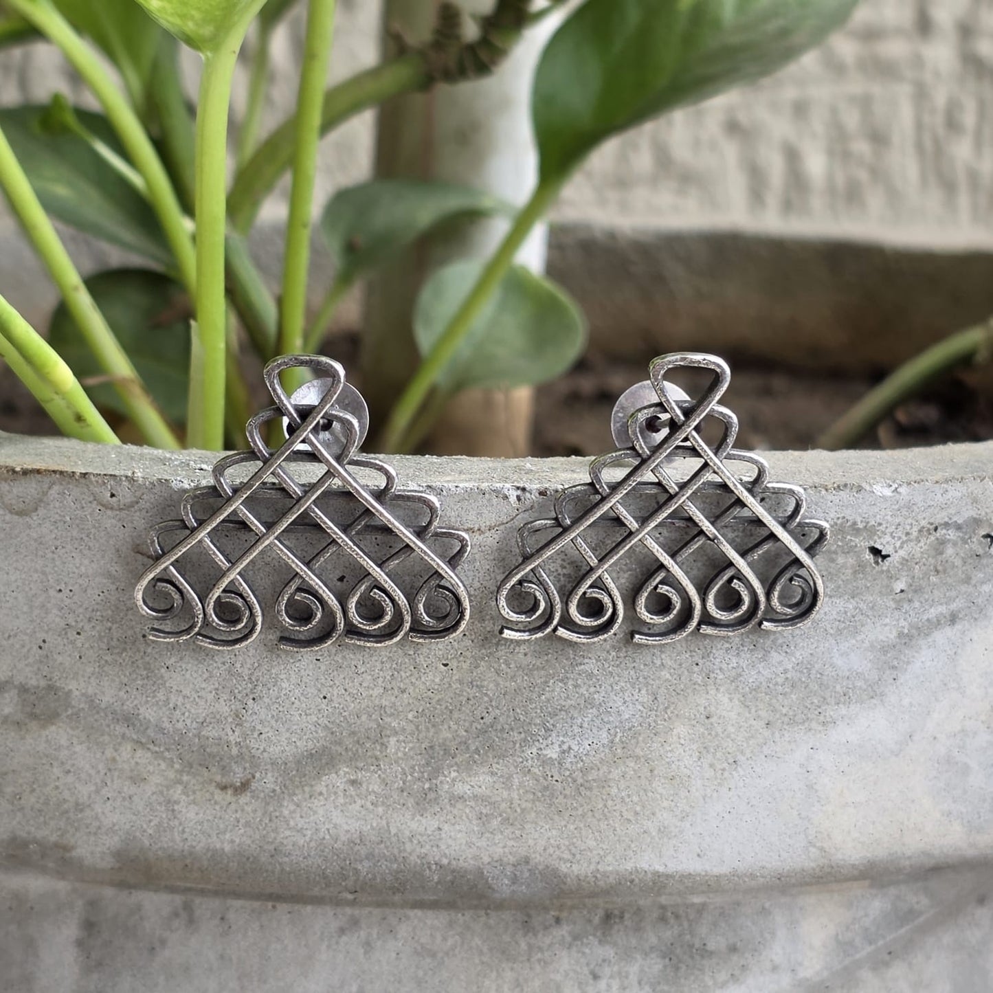 Naari Jewels Oxidized German Silver Geometric Filigree Stud Brass Earrings | Ethnic Statement Jewelry for Women