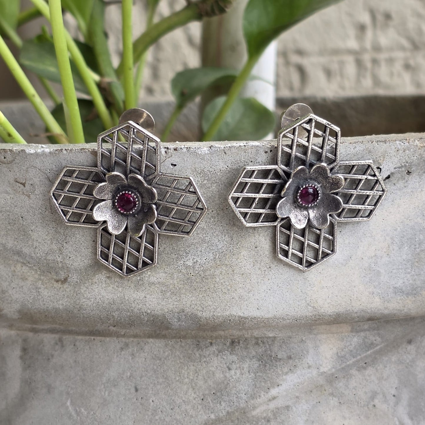 Naari Jewels Oxidized German Silver Vintage Bloom Grid Design Stud Brass Earrings | Ethnic Statement Jewelry for Women