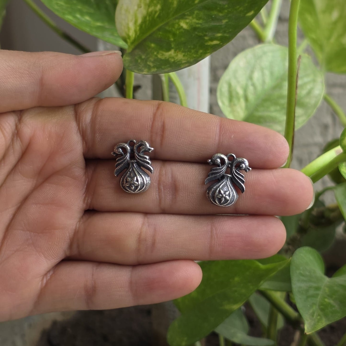 Naari Jewels Oxidised German Silver Mayura Bloom Brass Small Stud Earrings | Floral Ethnic Earrings for Women