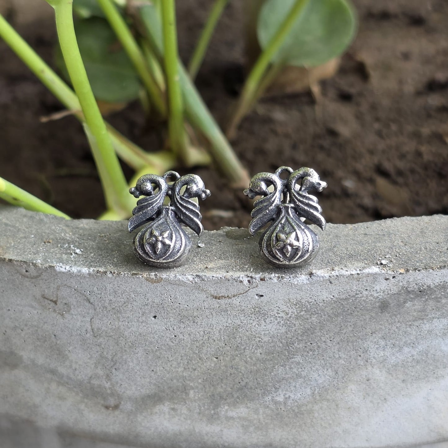 Naari Jewels Oxidised German Silver Mayura Bloom Brass Small Stud Earrings | Floral Ethnic Earrings for Women