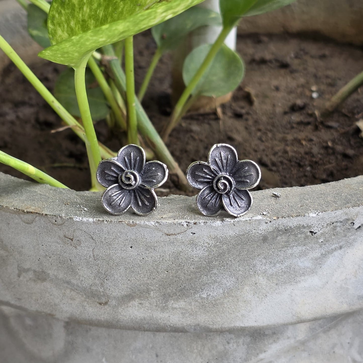 Naari Jewels Oxidized German Silver Rustic Flower Stud Earrings | Ethnic Statement Jewelry for Women