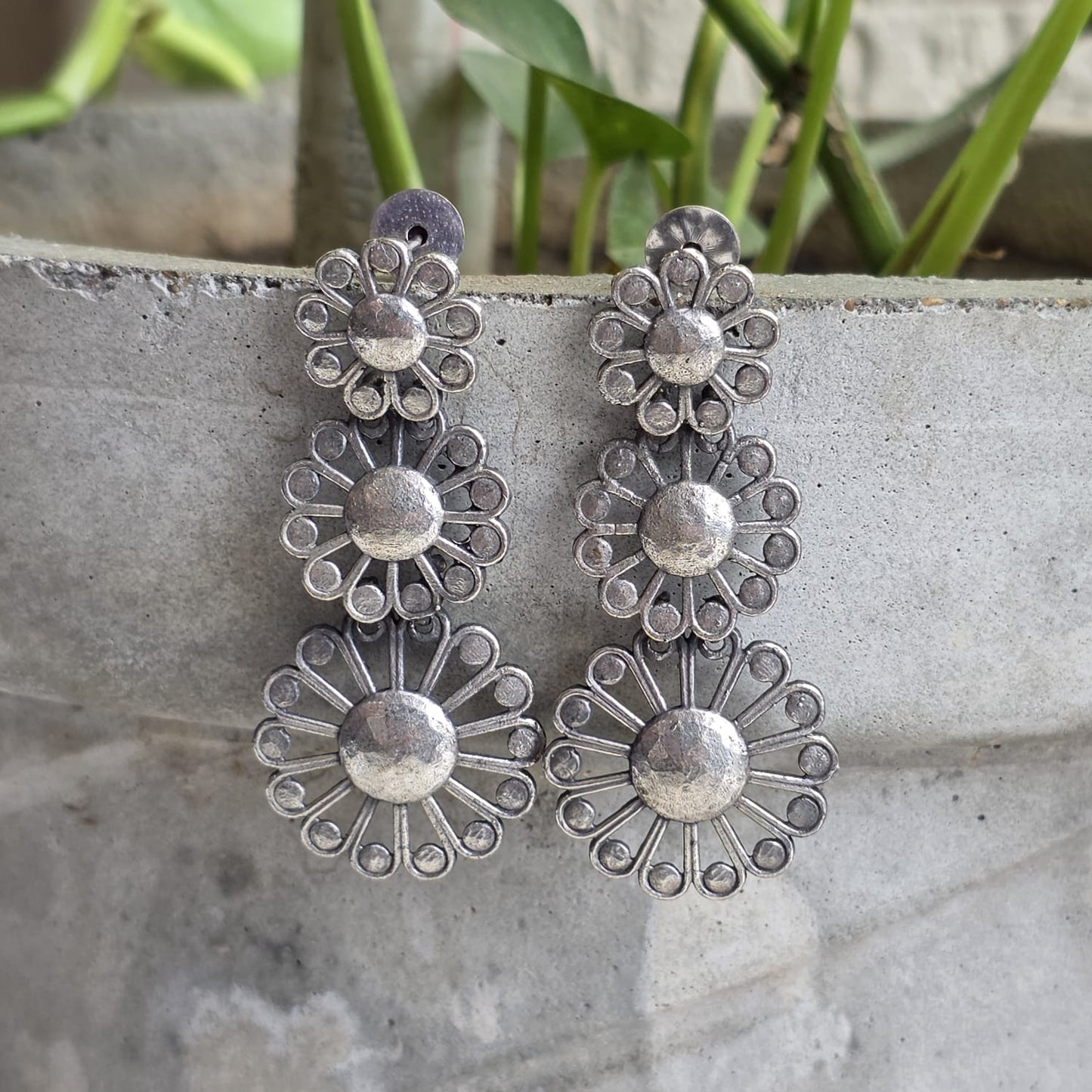 Naari Jewels Oxidised German Silver Triple Layer Floral Dangler Brass Earrings for Women