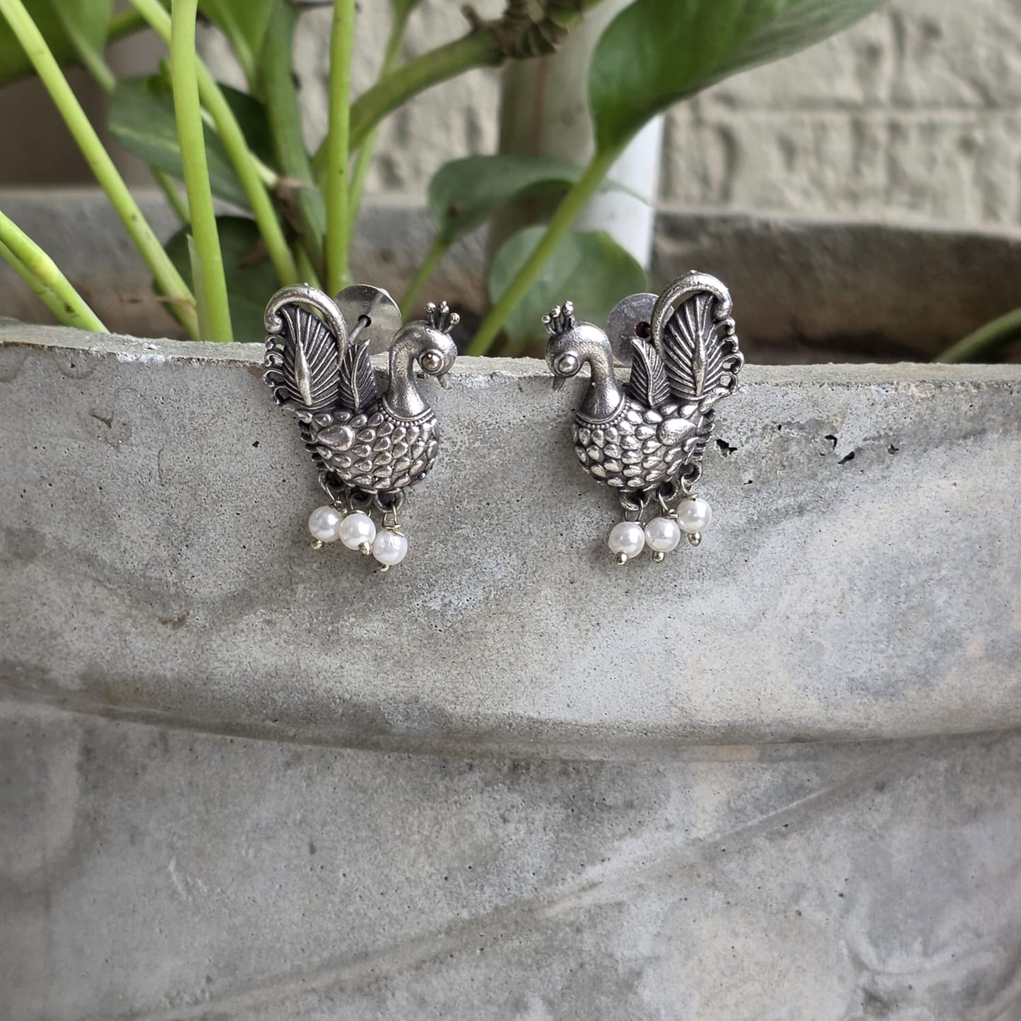 Naari Jewels Oxidized German Silver Royal Peacock Pearl Stud Earrings | Ethnic Statement Jewelry for Women