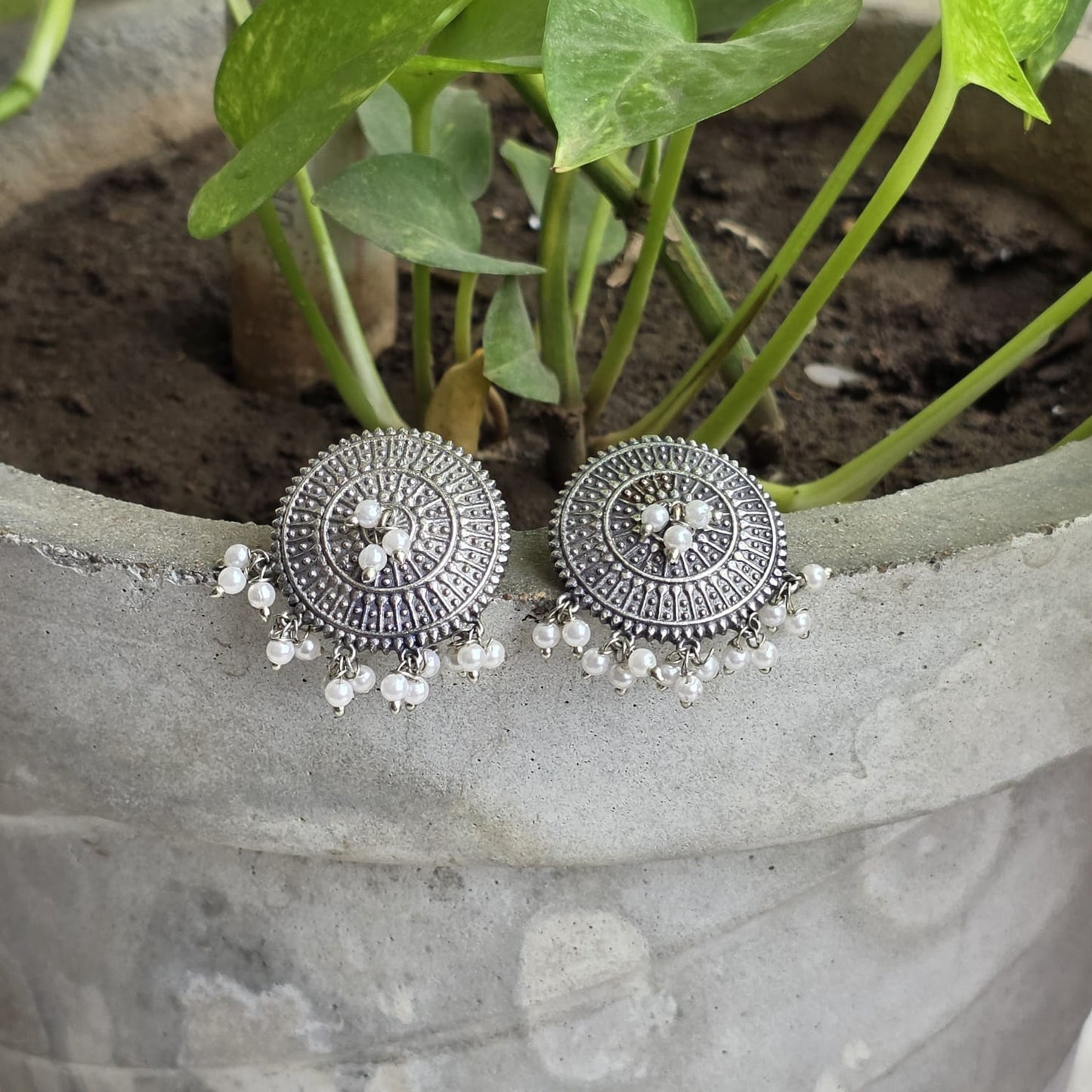 Naari Jewels Oxidized German Silver Chandrika Pearl Halo Stud Brass Earrings | Ethnic Statement Jewelry for Women