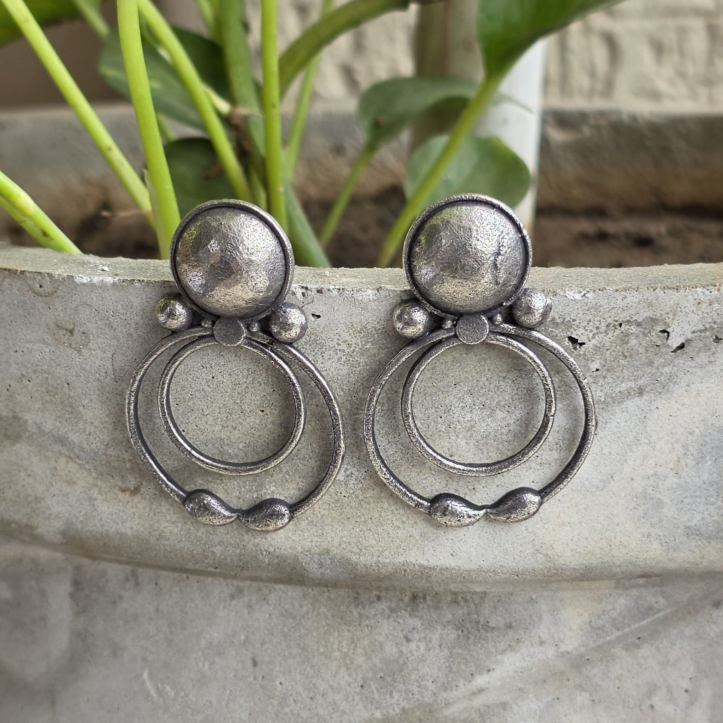 Naari Jewels Oxidized German Silver Tribal Double Circle Boho Brass Earrings for Women | Antique Ethnic Brass Jewellery