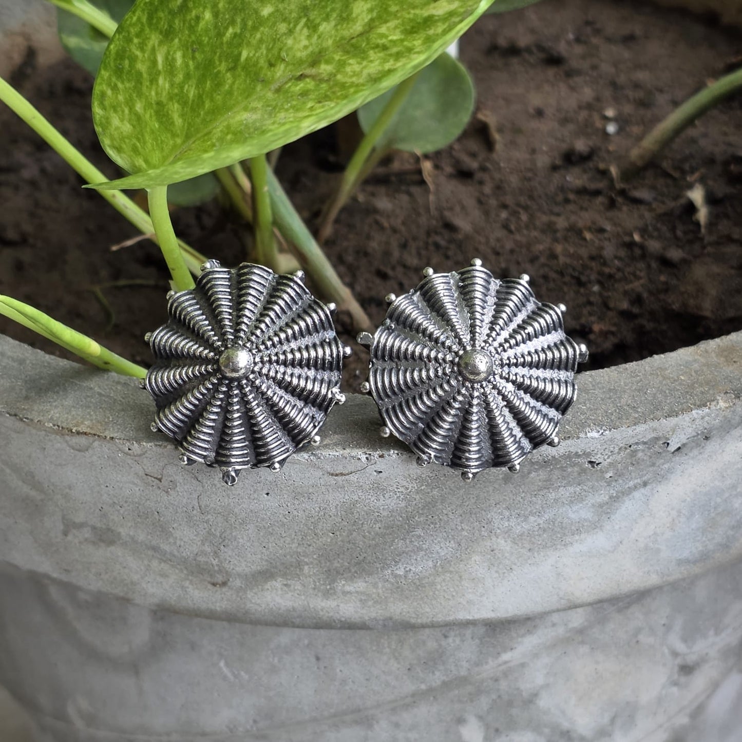 Naari Jewels Oxidized German Silver Sunburst Stud Brass Earrings for Women | Antique Ethnic Brass Jewellery