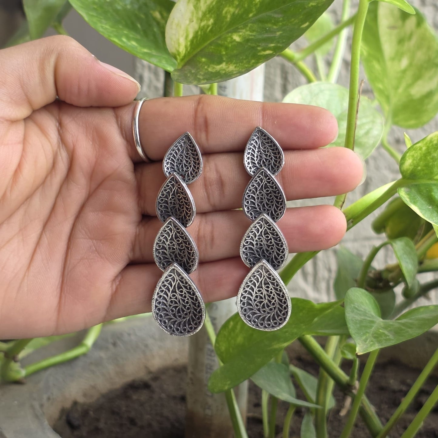Naari Jewels Oxidized German Silver Multi-Layer Leaf Drop Earrings for Women | Antique Ethnic Dangler | Statement Brass Jewellery