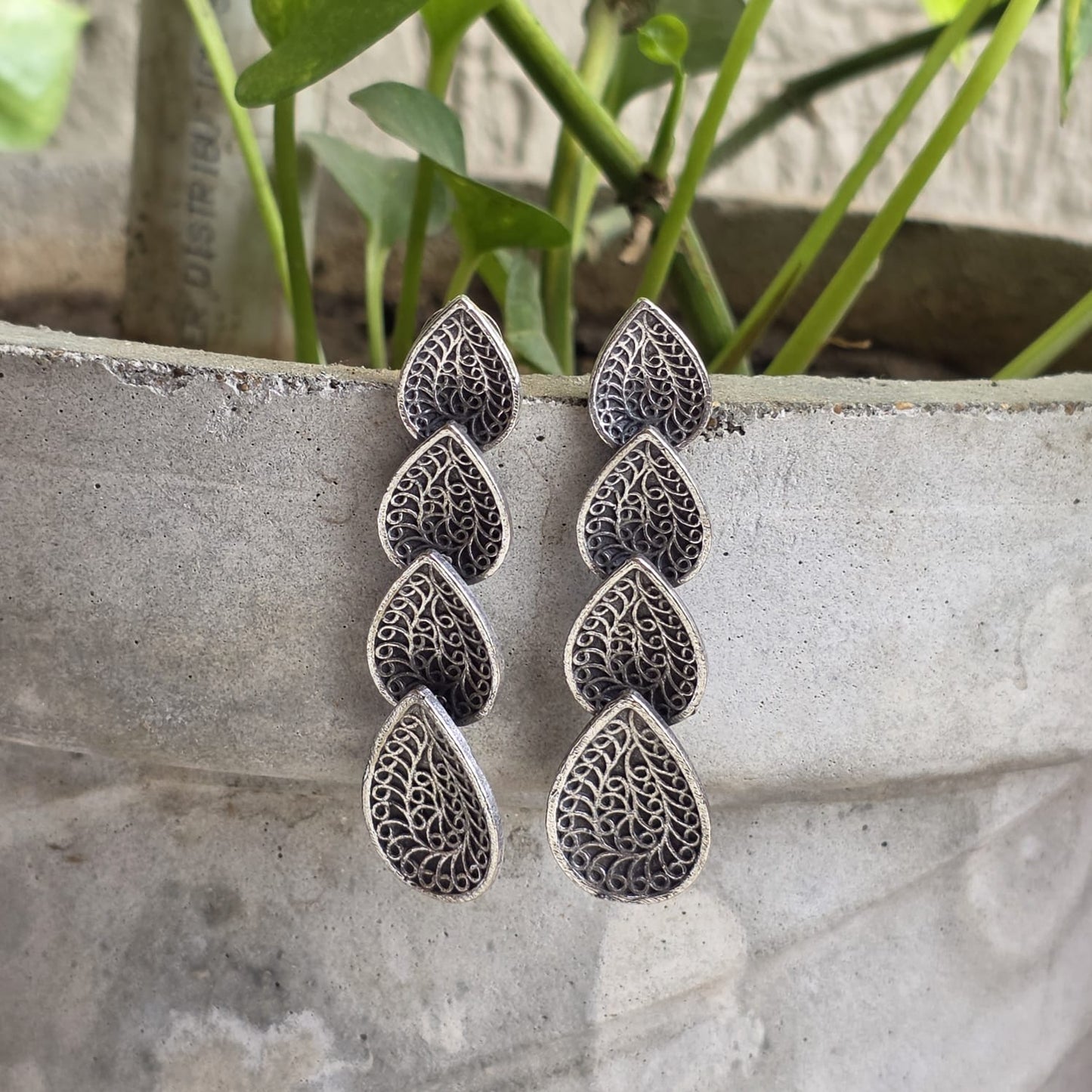 Naari Jewels Oxidized German Silver Multi-Layer Leaf Drop Brass Earrings for Women | Antique Ethnic Dangler | Statement Brass Jewellery