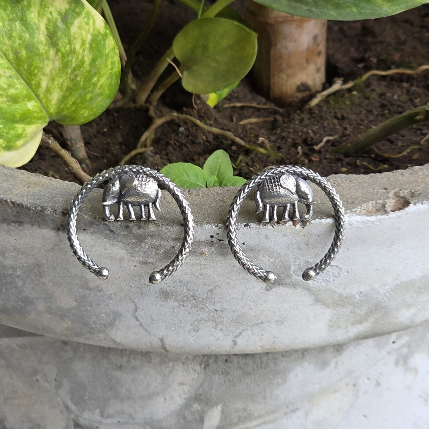 Naari Jewels Elephant German Silver Brass Earrings for Women | Oxidised Tribal Hoop Stud Earrings
