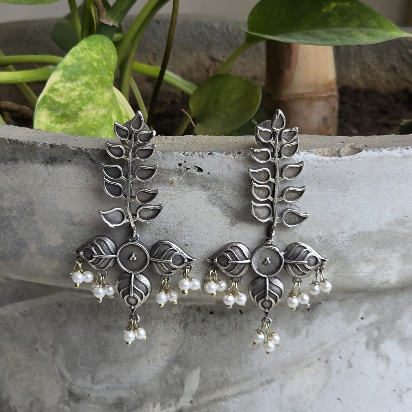 Naari Jewels Vanika Leaf Vine Oxidised German Silver Brass Earrings with Pearl Drops | Ethnic Earrings for Women