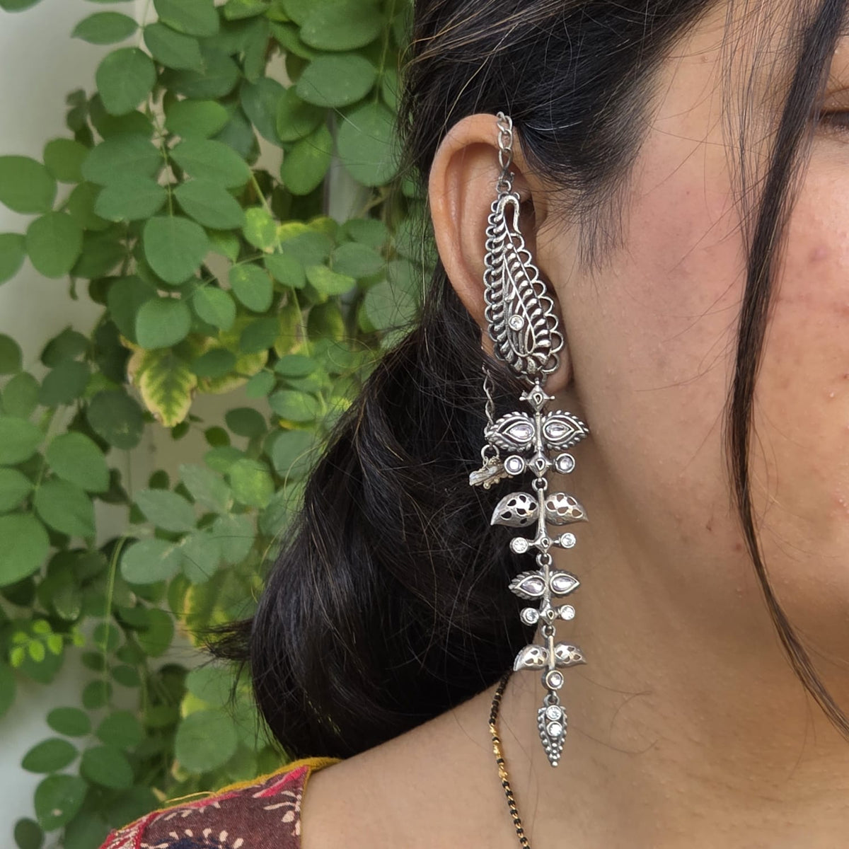 Naari Jewels Peacock Feather Vine German Silver Ear Cuff Dangle Drop Earrings For Women