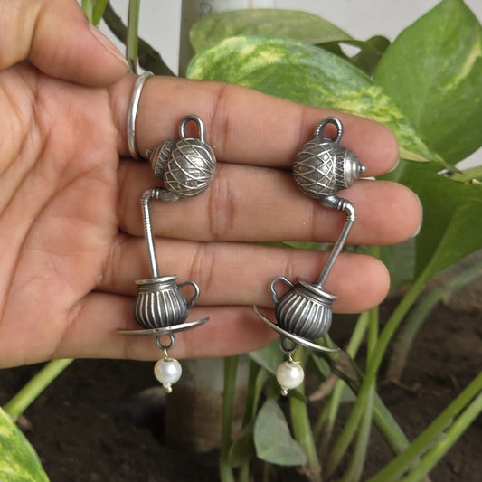 Naari Jewels Oxidized German Silver Tea Pour Kettle to Cup Drop Earrings