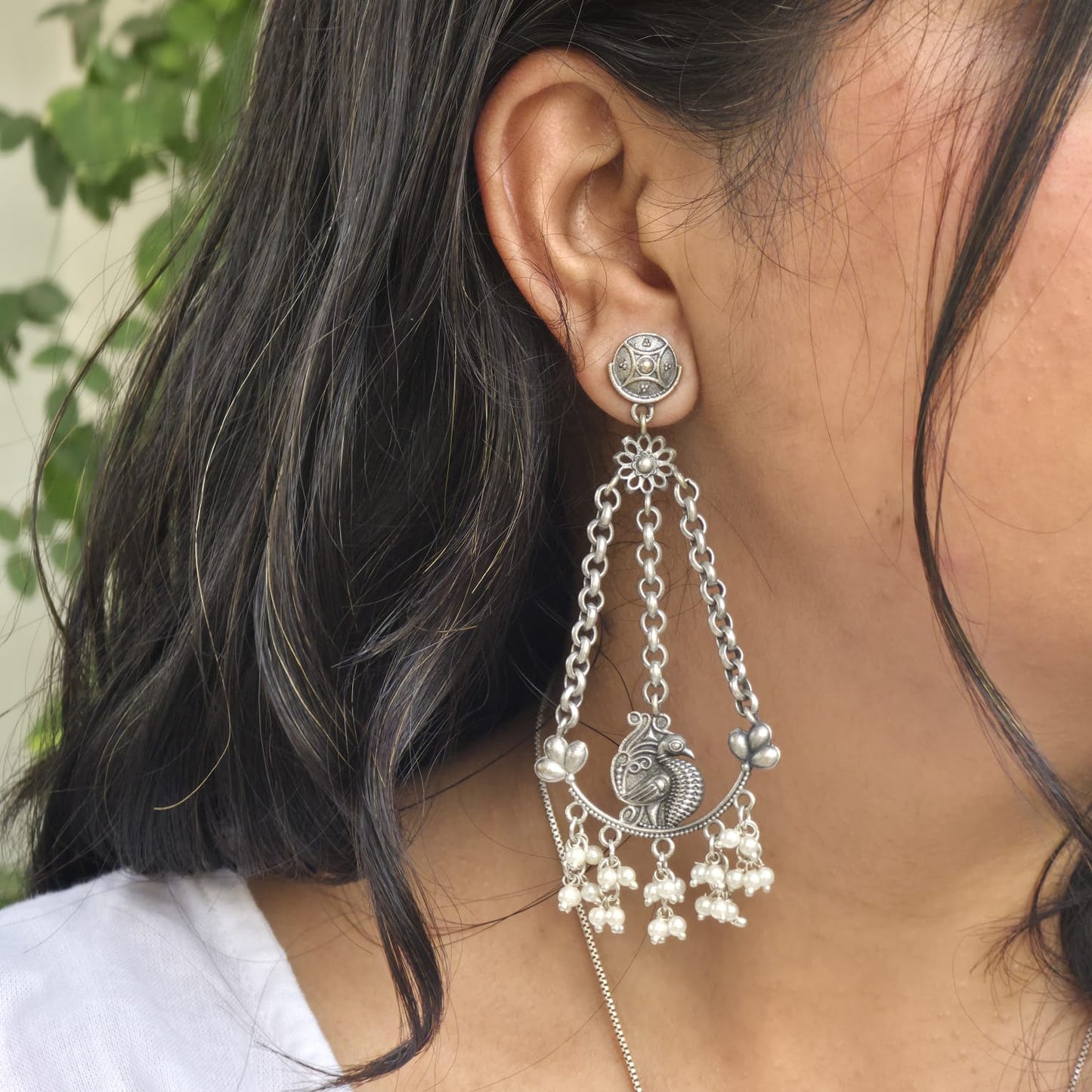 Naari Jewels Oxidized German Silver Triveni Mor Pearl Chandbali Chain Earrings