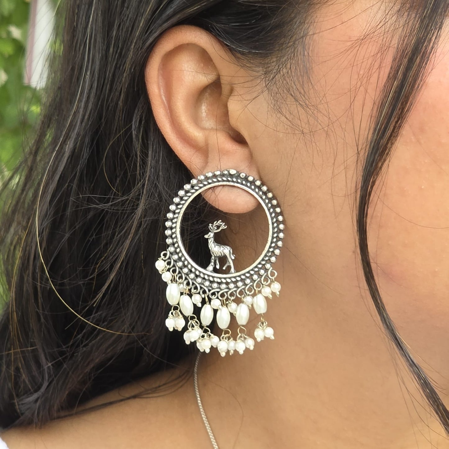 Naari Jewels Oxidized German Silver Deer Mriga Circle Beads Drops Brass Earrings | Ethnic Boho Statement Jewellery for Women