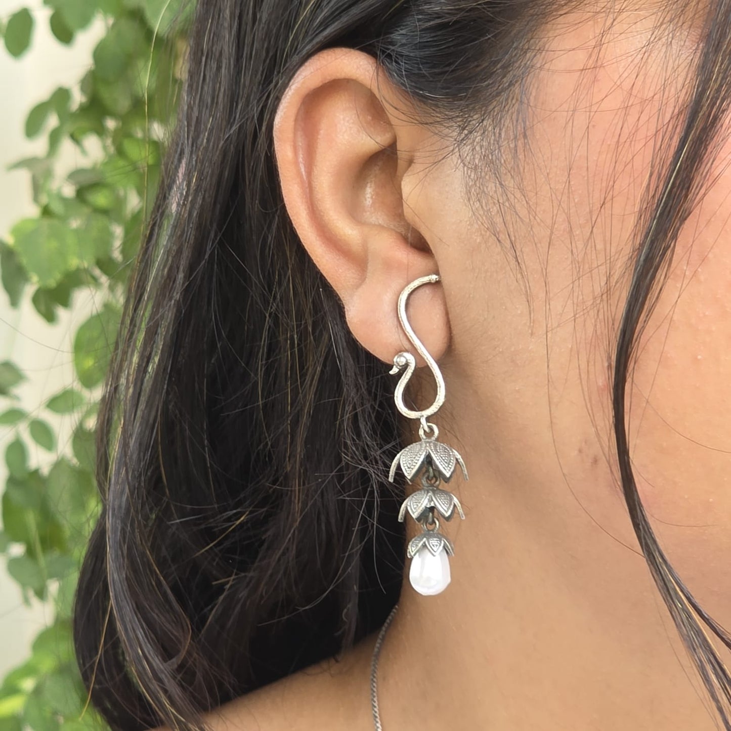 Naari Jewels Oxidized German Silver Peacock Floral 3-Layer Jhumka with Pearl Drops Earring