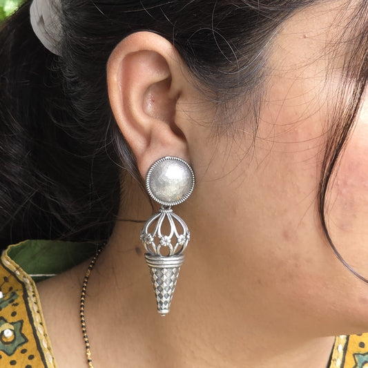 Naari Jewels Oxidized German Silver Dome & Cone Drop Earrings | Handcrafted Ethnic Statement Danglers for Women