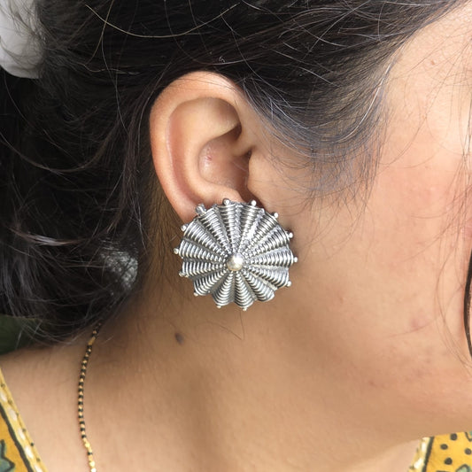 Naari Jewels Oxidized German Silver Sunburst Stud Brass Earrings for Women | Antique Ethnic Brass Jewellery