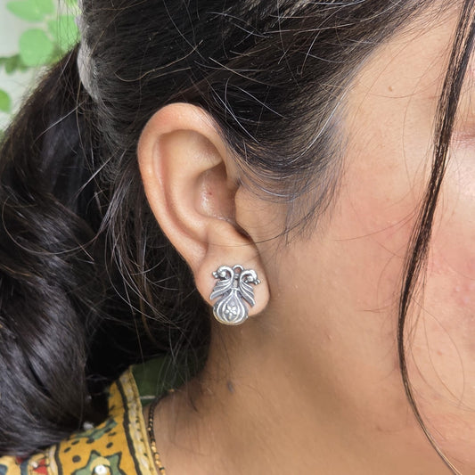 Naari Jewels Oxidised German Silver Mayura Bloom Brass Small Stud Earrings | Floral Ethnic Earrings for Women