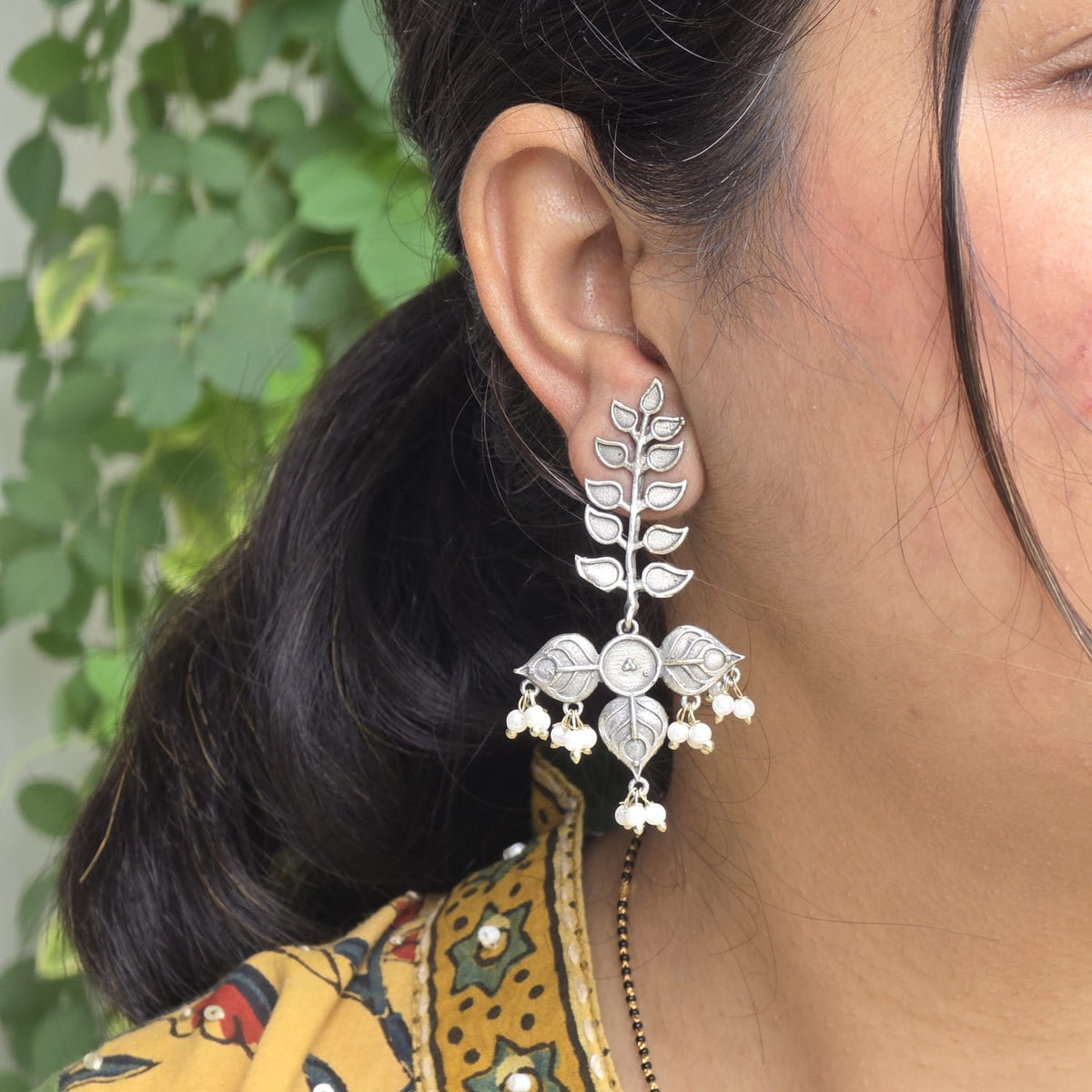 Naari Jewels Vanika Leaf Vine Oxidised German Silver Brass Earrings with Pearl Drops | Ethnic Earrings for Women