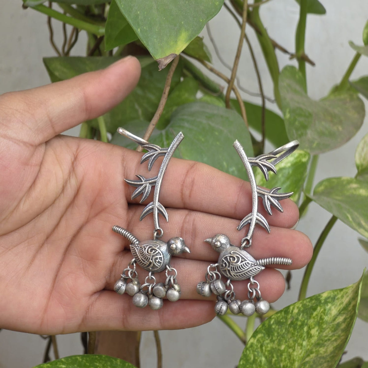 Naari Jewels Pankhuri Bird & Bell Drop Ear Cuff Earrings | German Silver Statement Jewerlry For Women