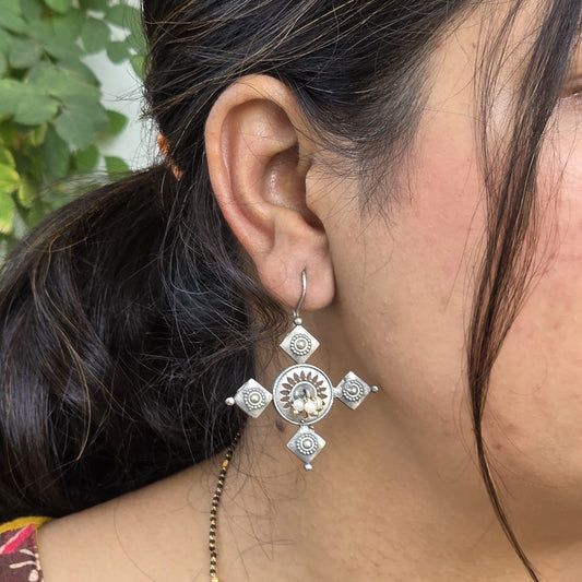 Naari Jewels Veyra Mandala Geometric Drop Dangle Earrings For Women | Classic German Silver Trendy Jewelry