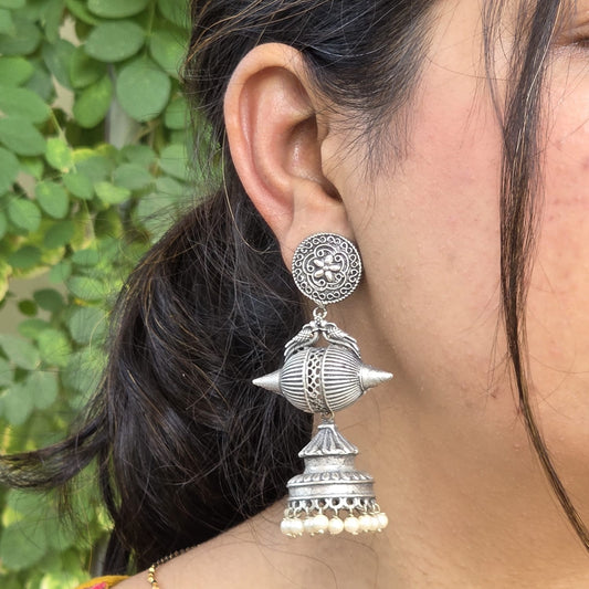 Naari Jewels Aavika Geometric Dome Statement Jhumka Earrings For Women | German Silver Long Drop Jewelry