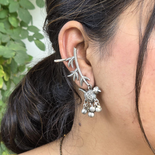 Naari Jewels Pankhuri Bird & Bell Drop Ear Cuff Earrings | German Silver Statement Jewerlry For Women