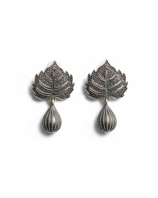 Naari Jewels Oxidized German Silver Vriksha Peepal Leaf Bead Drop Earrings