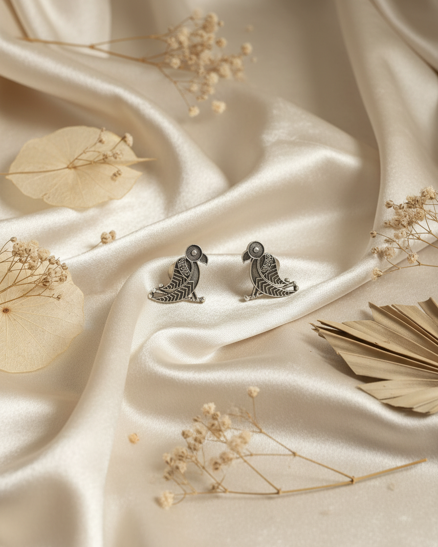 Naari Jewels Oxidized German Silver Parrot Design Stud Bird Earrings for Women