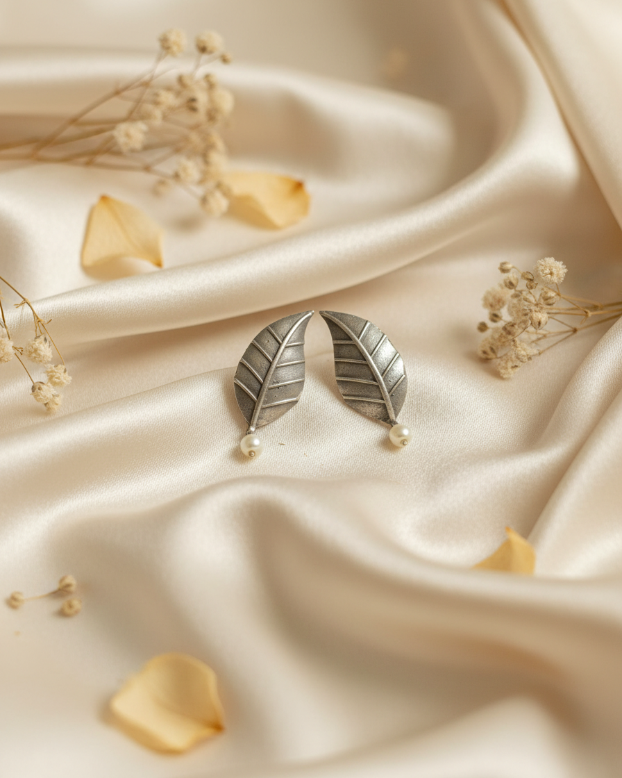Naari Jewels Oxidized German Silver Leaf Earrings with Pearl Drop | Elegant Ethnic & Indo-Western Jewelry for Women