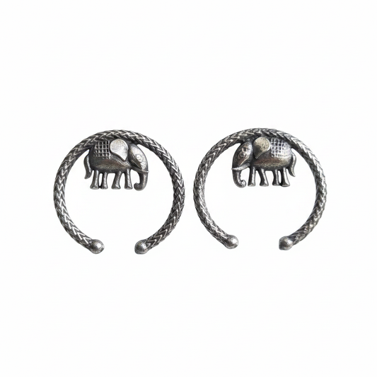 Naari Jewels Elephant German Silver Brass Earrings for Women | Oxidised Tribal Hoop Stud Earrings