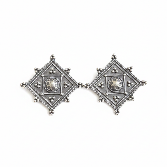 Naari Jewels Heritage Square German Silver Brass Earrings | Oxidised Traditional Studs for Women