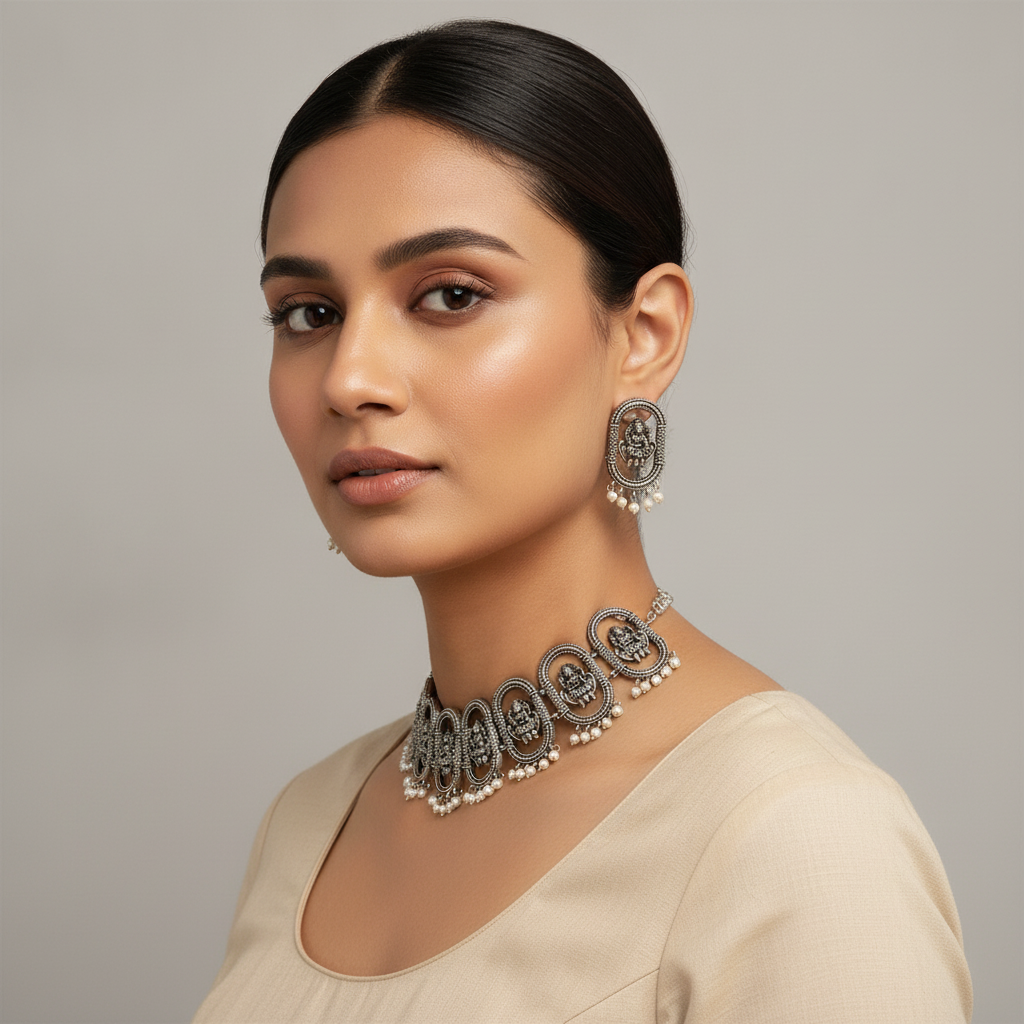 Naari Jewels German Silver Goddess Lakshmi Devi Peal Drop Chokar Necklace With Earrings For Women