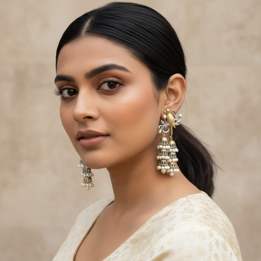 Naari Jewels Aarika Bird Cascade Earrings | German Silver Jhumka Style Drop Jewelry For Women