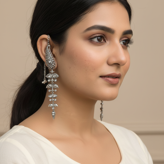Naari Jewels Peacock Feather Vine German Silver Ear Cuff Dangle Drop Earrings For Women