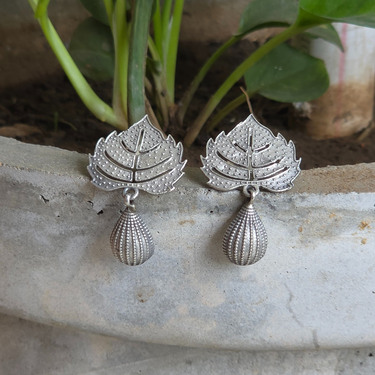 Naari Jewels Oxidized German Silver Vriksha Peepal Leaf Bead Drop Earrings