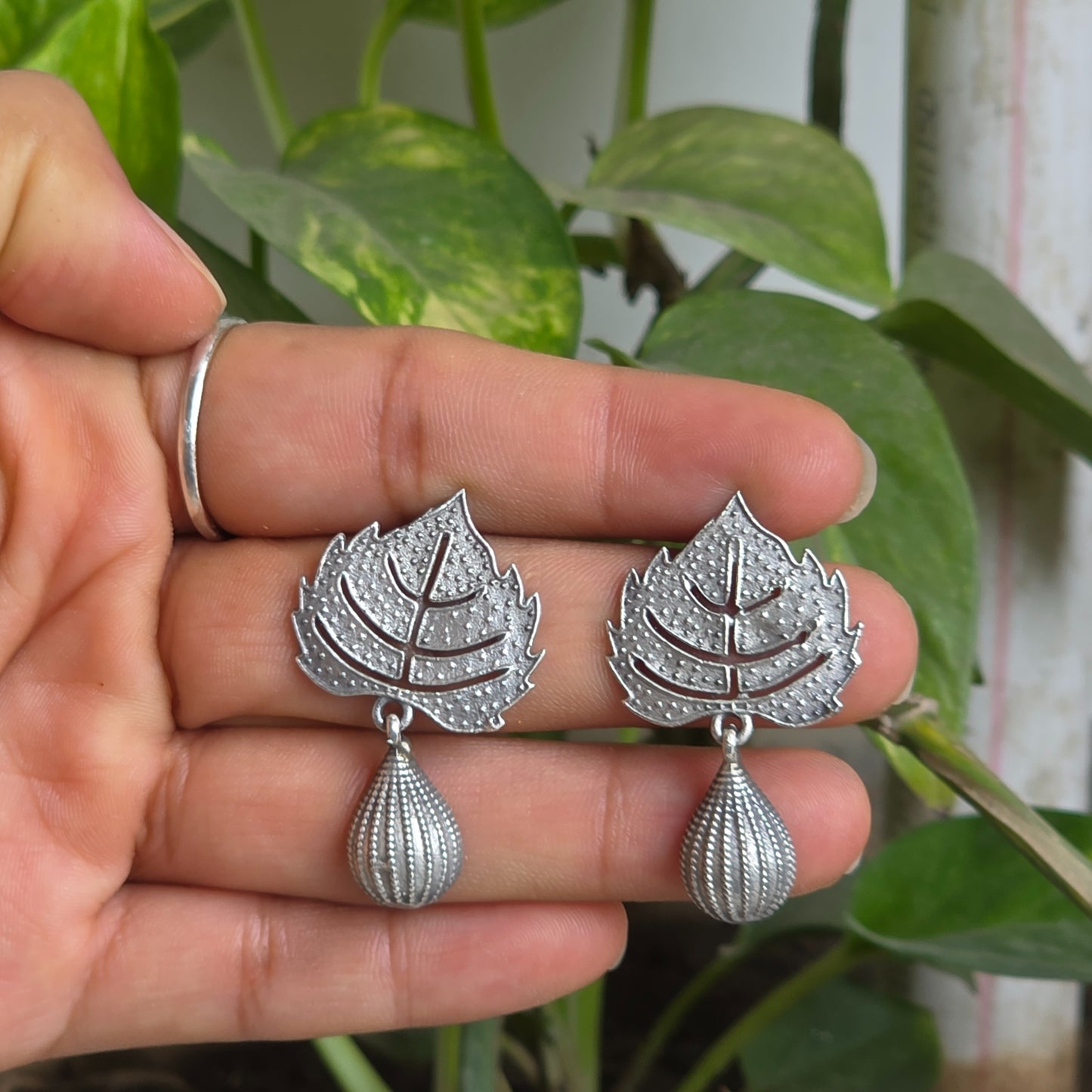 Naari Jewels Oxidized German Silver Vriksha Peepal Leaf Bead Drop Earrings