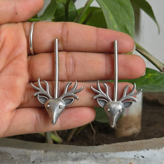 Naari Jewels Oxidized German Silver Deer Head Long Brass Earrings | Trendy Minimal Ethnic Jewelry for Women