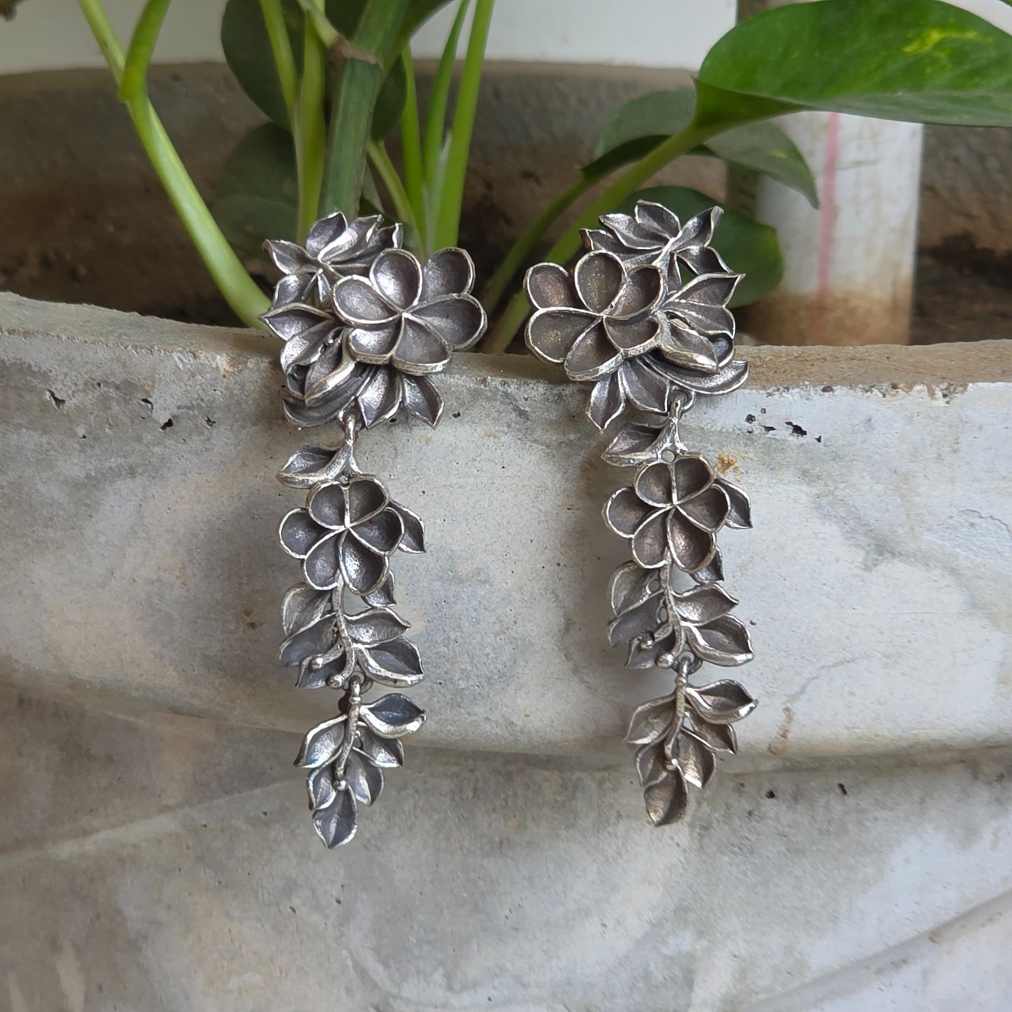 Naari Jewels Oxidized German Silver Rajasi Floral Falls Dangler Earrings For Women