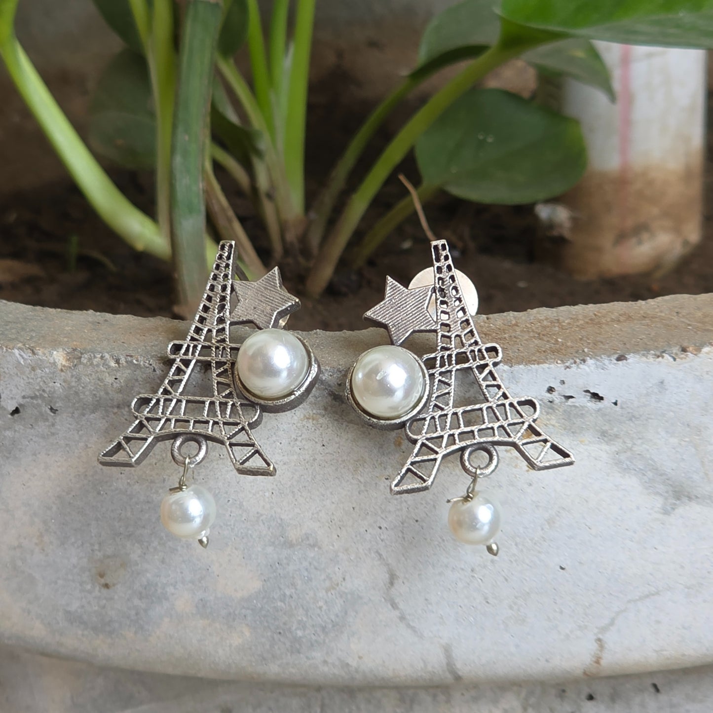 Naari Jewels Oxidized German Silver Eiffel Tower Stud Brass Earrings for Women