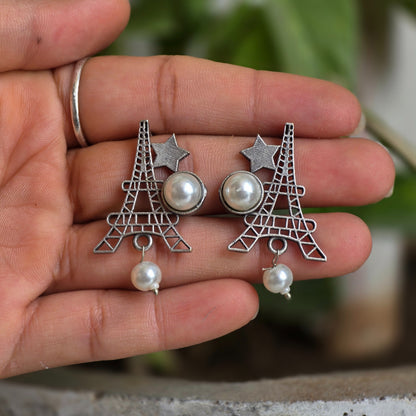 Naari Jewels Oxidized German Silver Eiffel Tower Stud Brass Earrings for Women