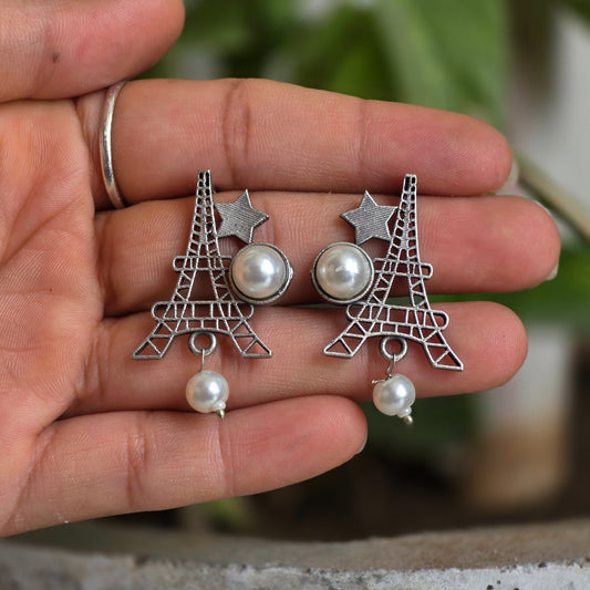 Naari Jewels Oxidized German Silver Eiffel Tower Stud Brass Earrings for Women