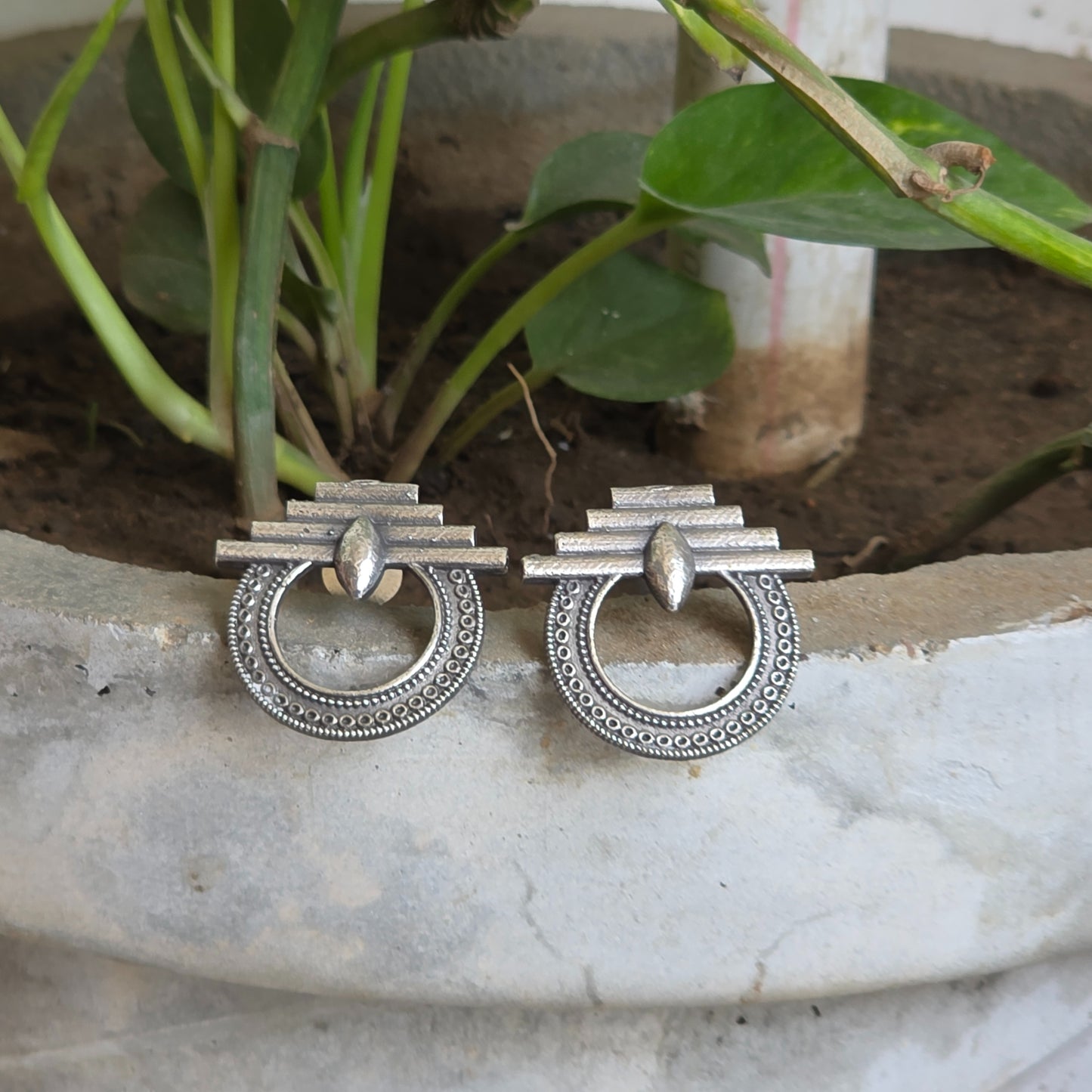 Naari Jewels Oxidized German Silver Circular Tribal Brass Studs Earrings for Women  | Ethnic Traditional earrings