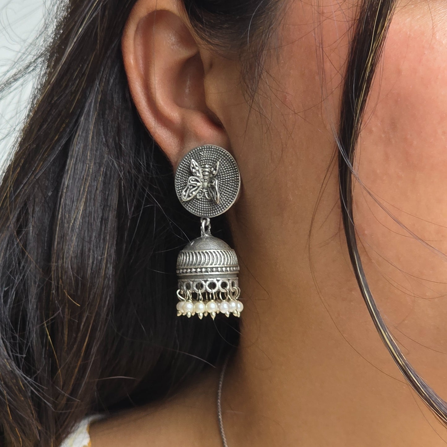 Naari Jewels Oxidized German Silver Butterfly Disc Jhumka Brass Earrings with Pearl Drops for Women