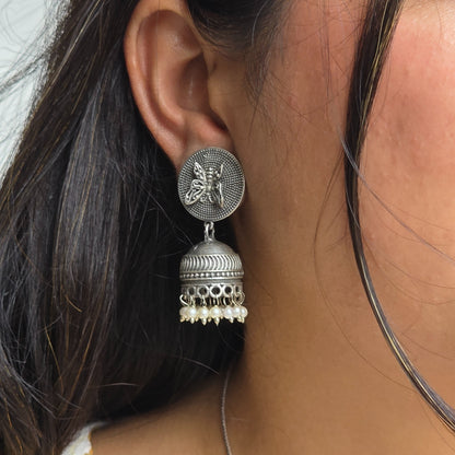 Naari Jewels Oxidized German Silver Butterfly Disc Jhumka Brass Earrings with Pearl Drops for Women