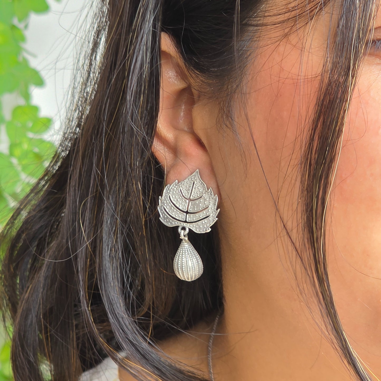 Naari Jewels Oxidized German Silver Vriksha Peepal Leaf Bead Drop Earrings