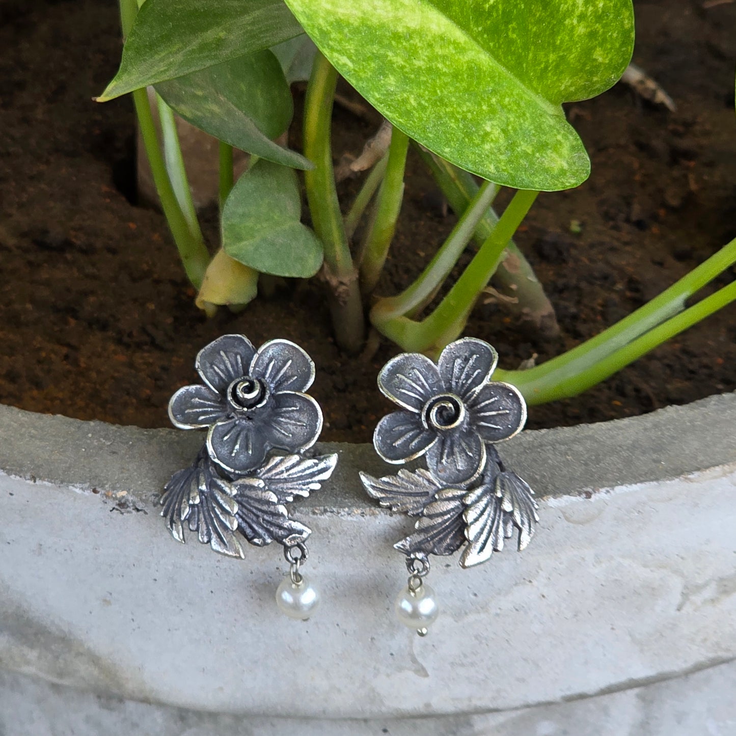 Naari Jewels Oxidised Germen Silver Flower Earrings with Leaf Pattern and Pearl Drop Earring | Ethnic Jewellery for Women